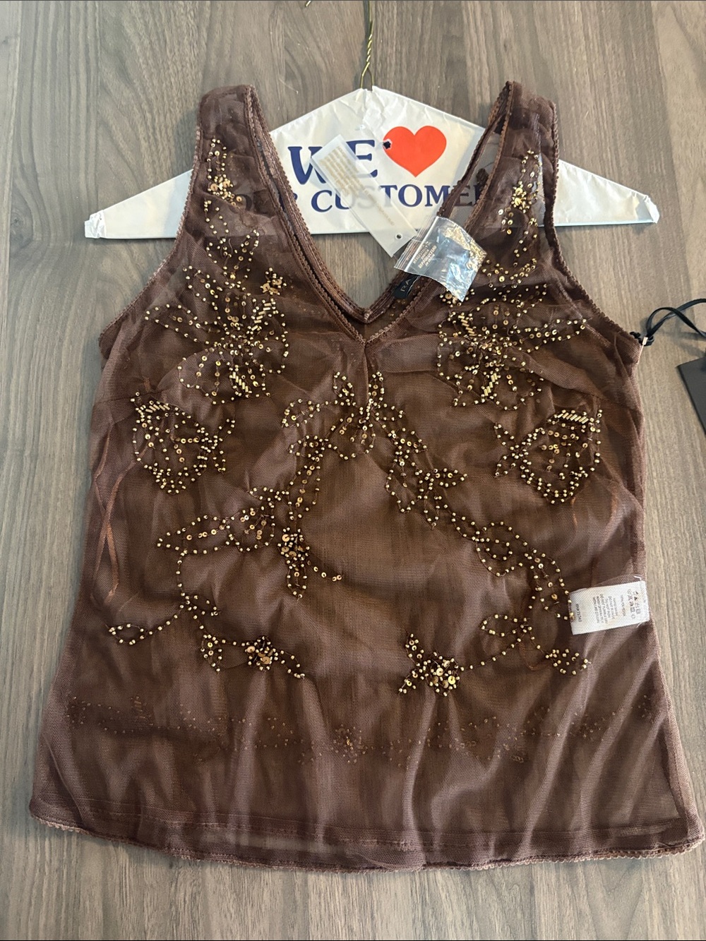 Sheer Embellished Brown V-Neck Mesh Tank Top - Picture 7 of 17